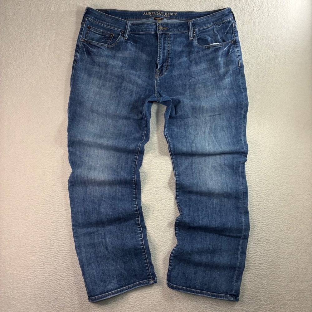 American Eagle Original Boot Jeans Men 42x32 Blue Whiskered Bootcut Fade Western